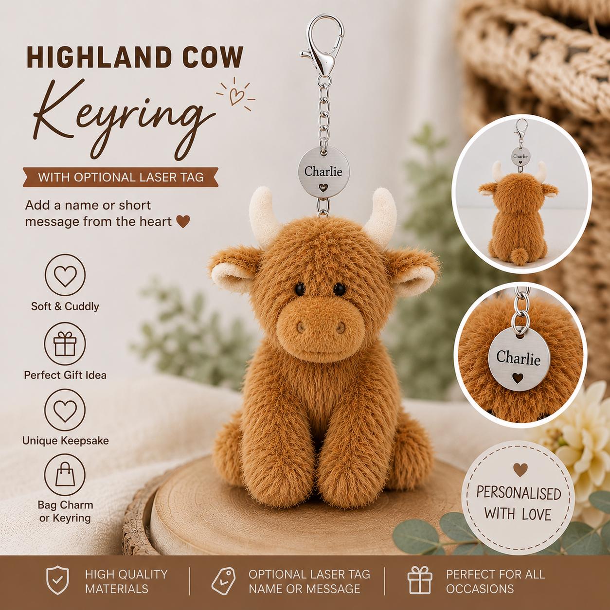 Highland Brown Cow Keyring | Personalised Bag Charm | Optional Laser Engraved Tag | Cute Highland Cow Gift | Keepsake Gift for Her Him - Image 2