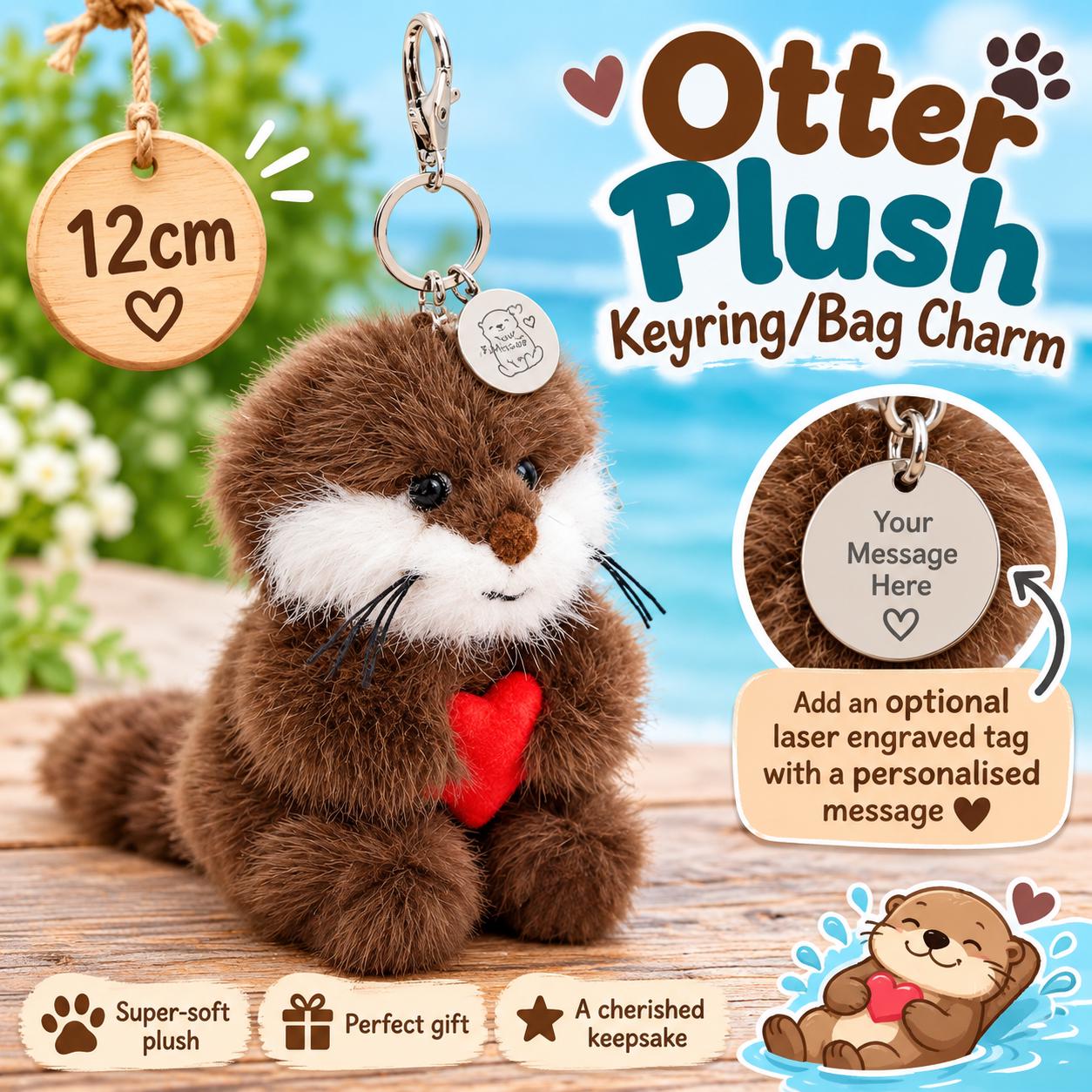 Personalised Otter Plush Keyring 12cm, Cute Brown Sea Otter Bag Charm with Red Heart, Optional Laser Engraved Name or Message Tag, Gift - Image 2