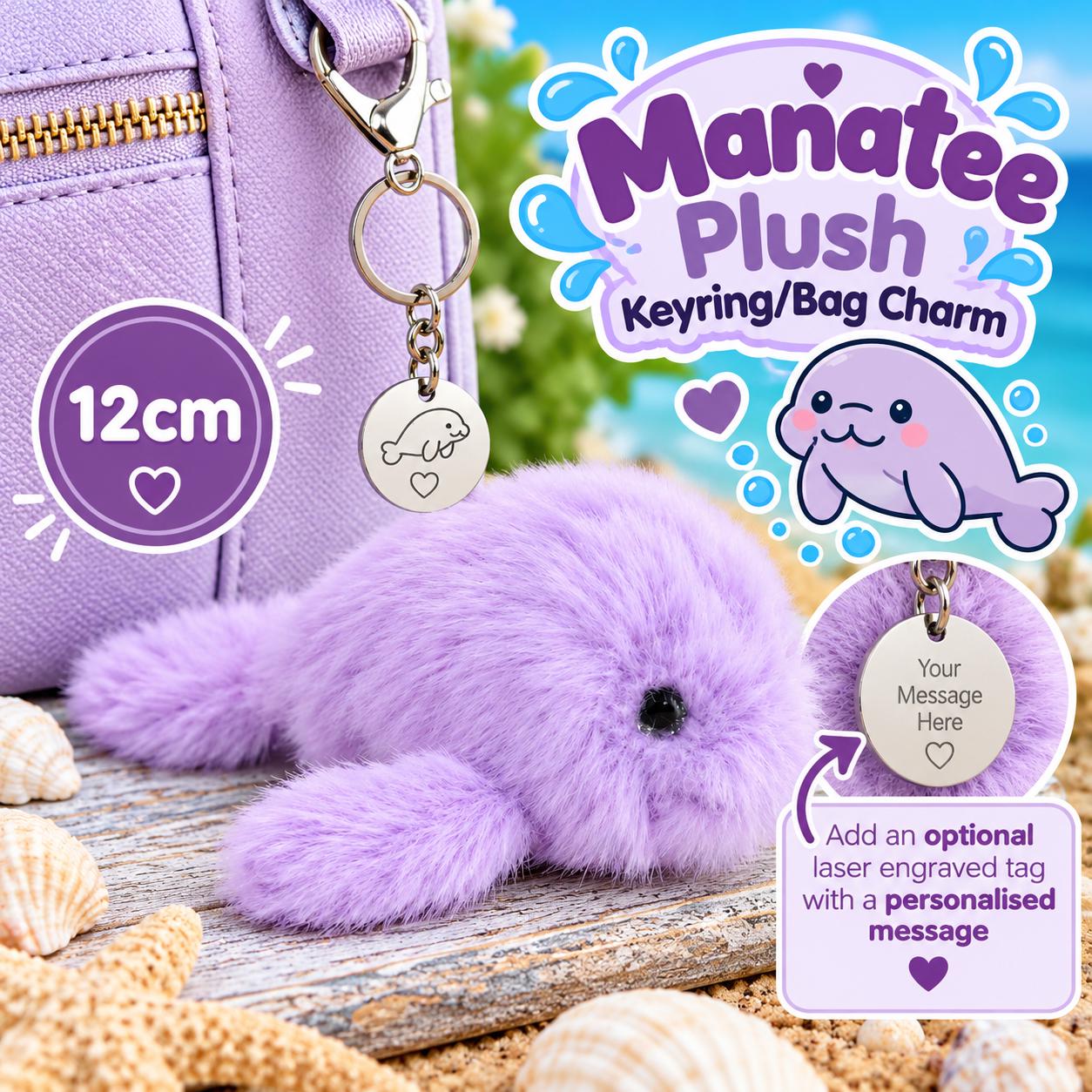 Personalised Lilac Manatee Plush Keyring 12cm, Cute Purple Sea Cow Bag Charm, Optional Laser Engraved Name or Message Tag, Ocean Animal Gift - Image 2